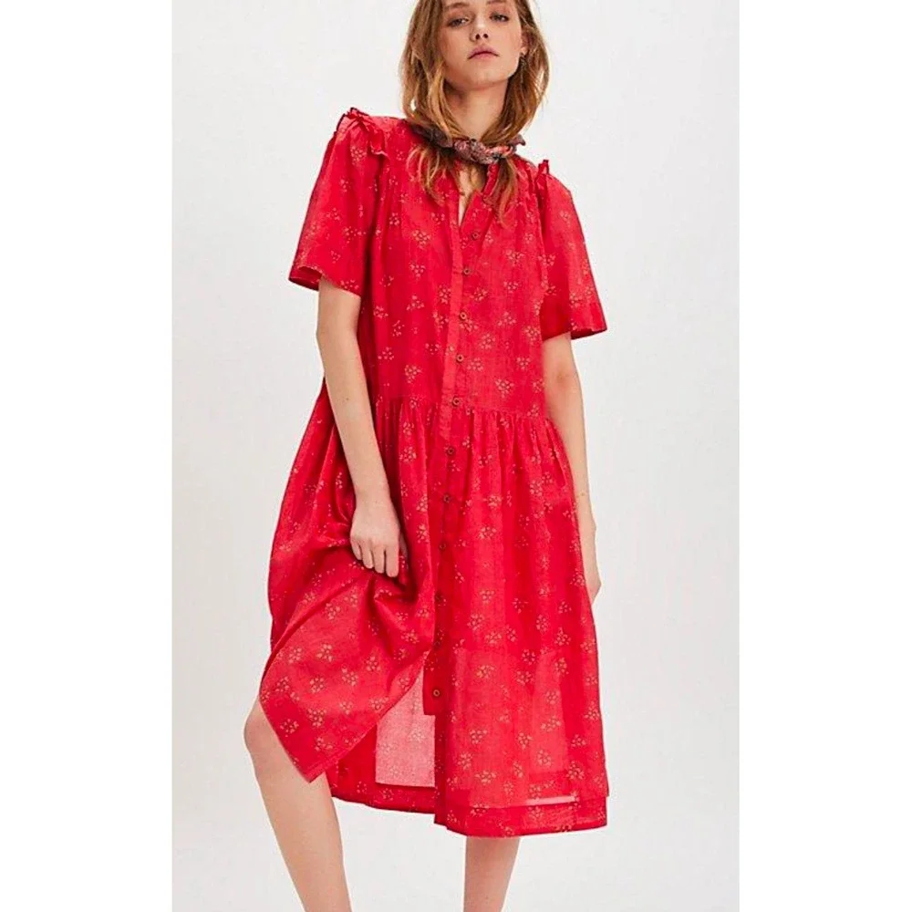 Free People Midi Dress Women Large Cotton Red Floral Ruffle Button Front Boho